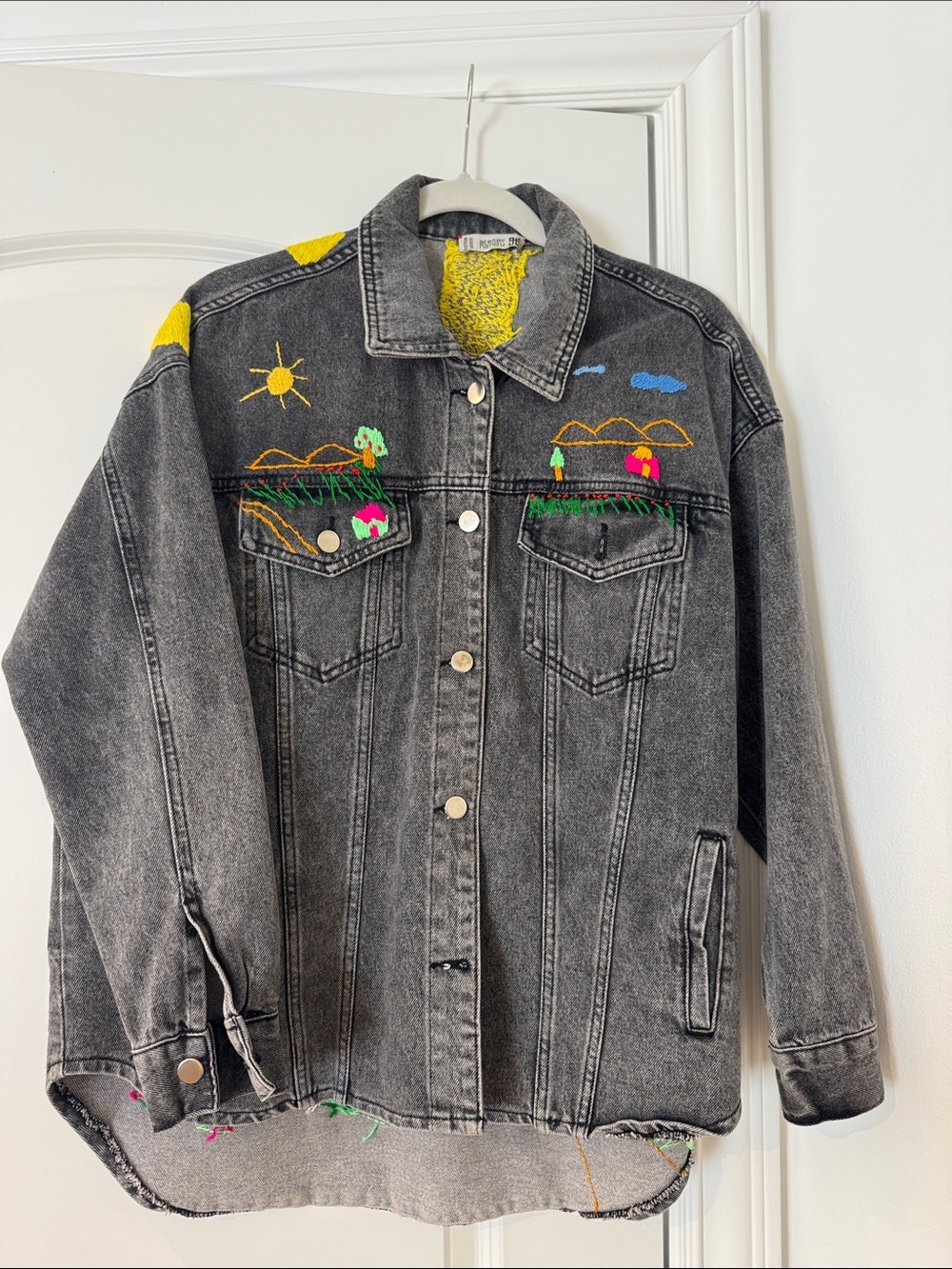 Hand Embroidered Black Washed Denim Jacket with Colorful Landscape Details